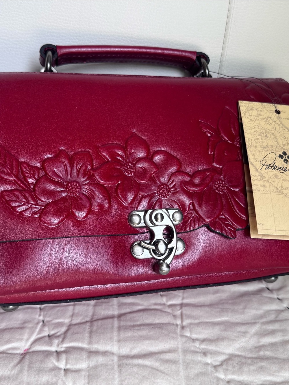 Patricia Nash Tooled Floral Leather Charrone Satchel in Berry Red